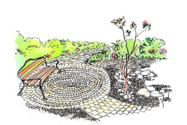 Disegno di pavimenti in mattoni, ghiaia e ciottoli in giardino